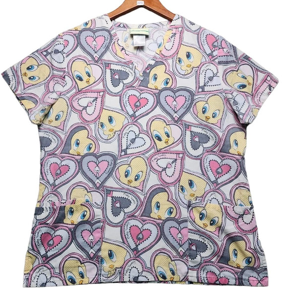 Warner Bros. Tops - Looney Tunes Baby Tweety Bird V-Neck Scrub Top Size Medium Hearts Size Small.